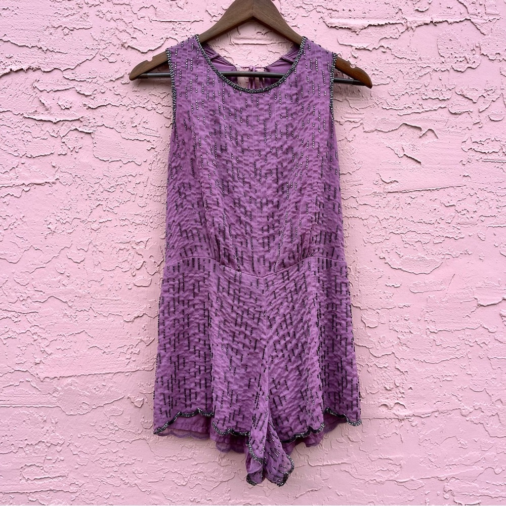 Free People Romper Purple Lavender Beaded Orchid Shorts Size 4 Flaw